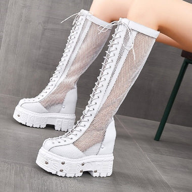 Summer New European America Style Height Increasing Platform Rivet Cut Out Mesh Genuine Leather Women Knee-High Long Boots 0704