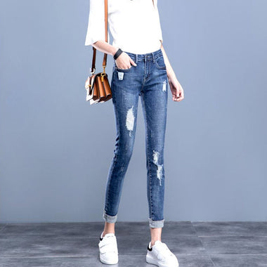 Streetwear Skinny Ripped Hole Jeans For Women 2022 High Waist Vintage Blue Pencil Denim Pants Korean Capris Slim Cowboy Trousers
