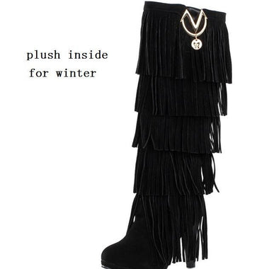 Europe America Thin High Heel Tassel Winter Women Knee High Boots Lady Fringe Spring Autumn Flock Long Boots Plus Size 34-43