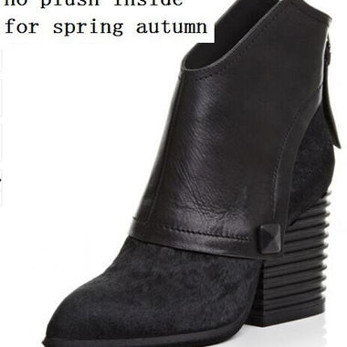 Spring Autumn Fashion Thick High Heels Pointed Toe Rivet Genuine Leather Women Ankle Short Modern Boots Winter Plush Inside
