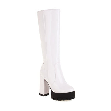 Female Motorcycle Boots Platform Chunky Heel Knee High Med Calf Boots 2021 New Arrivals Platform Chunky Heel Lace Up Red Black
