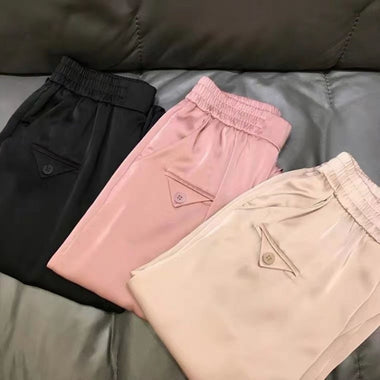 Unireal 2022 Summer Women Harem Pants High Waist Casual Cropped Trousers Pink Champange Elegant Lady Loose Satin Pants