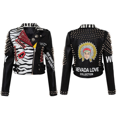 Spring and Autumn Punk High Waist Faux Leather Jacket Women Graffiti Studded Rivet Fashion Streetwear Short Motorcycle Coat