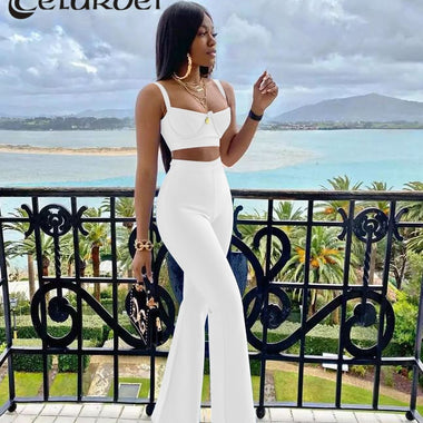 2021 Summer New Fashion Celebrity Sexy Bandage Two-piece Set Tight Short Top & High Waist Flared Trousers Pants Set