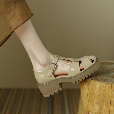 2023 Women Leather High Heel Sandals Gladiator Ladies Buckle Sandals Fashion Thick Heel T-Strap Sandals Summer Shoes 5.5cm
