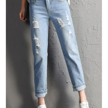 2022 New Women Fashion Mid Waist Boyfriend Big Ripped Hole Jeans Casual High Street Denim Pants Sexy Vintage Pencil Calca Jeans