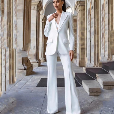 2023 New White Color Women Long Sleeve Pearl Beading Single Button Slim Office Lady Women's Set Celebrity Red Carpet Wear