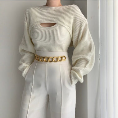 Sweaters Korea 2023 Early Autumn Temperament O-Neck Slim Knit Vest Casual Wearing Short Sweater Blouse Two-piece Set Woman