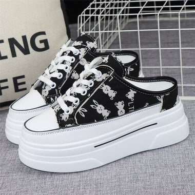 Canvas Baotou Semi-slippers Women's New Summer Outer Wear All-match Thick Bottom Inner Heightening 8cm No Heel Slip-on Shoes