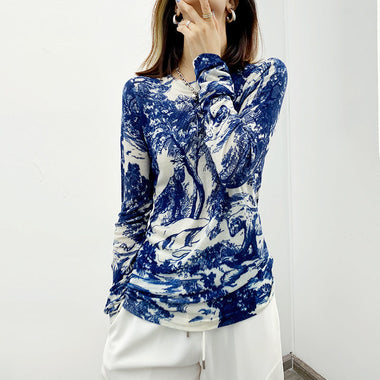 Female O-neck Skinny Elegant Fashion Full T-shirts Floral Comfortable Elasticity Graceful Spring Autumn Women's Clothing 2022