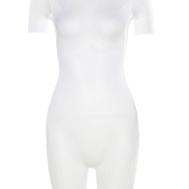 Kliou Knitted Hollow Out Playsuits Women Solid Sexy See Through Casual Short Sleeve O-neck Skinny Romper Female Concise Clothing