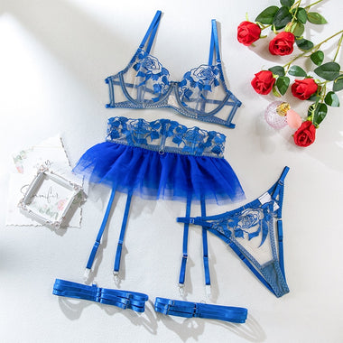 4-Piece Fancy Lingerie Floral Lace Bra Ruffle Garter Luxury Erotic Outfit Sexy Crotchless Panties Sensual Underwear