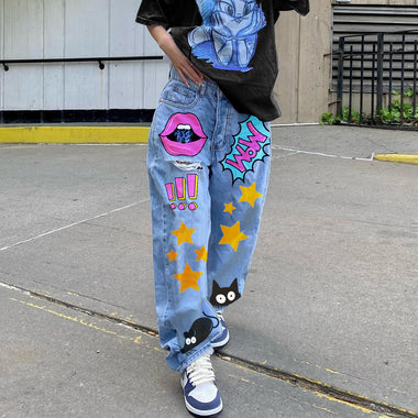 European American New Women'S Jeans 2023 Fashion Low Waist Retro Print Pants Slim Straight Denim Trousers For Women Loose Jeans