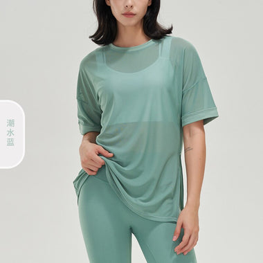 NCLAGEN Women Short Sleeve Sports T-shirt Mesh Breathable Quick Drying Summer Loose Leisure Fitness Top GYM Running Yoga Blouse