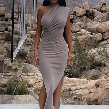 Kliou Solid Elegant Maxi Dress Women Inclined Shoulder Sleeveless Body-Shaping Side Split Robe Partywear Female Vestidos