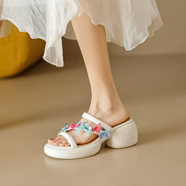 Fashion Crystal Women Sandals Summer 2023 New Round Heels Gladiator Sandals Woman Beige PU Leather High Heeled Slippers