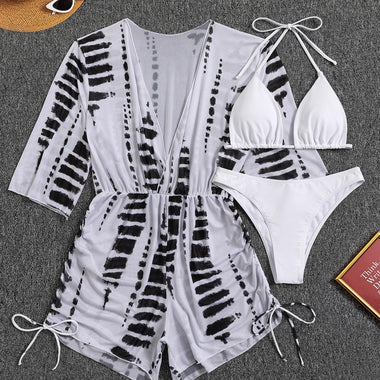 3 Pieces Bikini Tropical Print Swimsuit Halter Drawstring Side Swimwear Women 2023 Bathing Suit Female Swimming Summer Beachwear