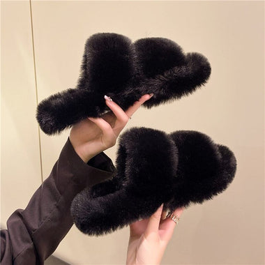 New Winter Open Toe Slipper Fashion Fur Thick Sole Flats Heel Ladies Casual Slip On Bedroom Shoes Soft Outdoor Slides Shoes