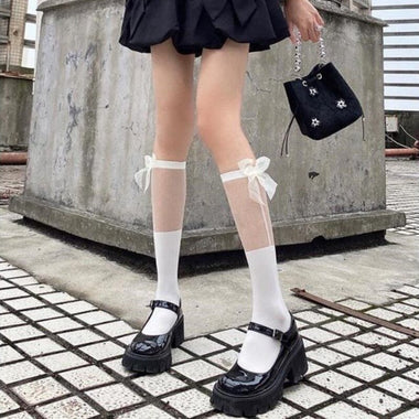JK Lolita Kawaii Nylon Long Socks Stockings Patchwork Sheer Black White Knee Socks Japanese Style Sweet Girls Lace Bow Stockings