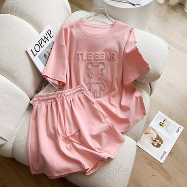 Fashion Bear Cartoon Sweat Suit Korean Women 2023 Summer Casual Tracksuit Short Sleeve T Shirt Loose Shorts Two Piece Set