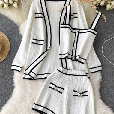 Casual Long Sleeve V Neck Cardigan Jacket + Sling Vest + High Waist Shorts High Quality Chic Button Knitted Vintage 3 Piece Sets