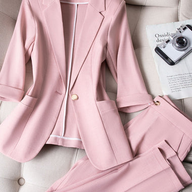 Casual Small Suit Jacket Women's Ninth Pants 2023 Summer Thin Korean Fashion Cropped Sleeve Coat Two Piece Sets Womens Outifits