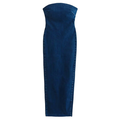 TRAFZA 2023 Women Elegant Denim Dress Strapless Back Zipper Slit Dresses Summer Female Off Shoulder Backless Denim Long Dress