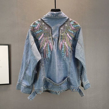 2023 New AutumnFashion Rivet Woman Denim Jacket Long Sleeve Female Jackets Jeans Coat Beading Tassel Denim Coat Outerwear