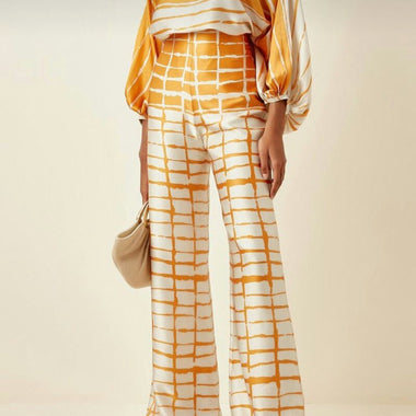 Chic Print Lantern Sleeve Satin Top Wide Leg Pant Suit Women Sexy Off Shoulder Long Sleeve 2 Piece Set Casual Office Lady Outfit