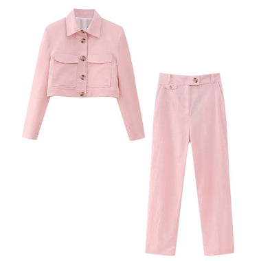 TRAFZA Woman Fashion Pant Suits Long Sleeve Pockets Jacket And High Waist Buttons Straight Pants Two Pieces Sets For Women