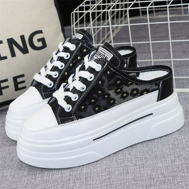 Baotou Semi-slippers Women's Summer New Outer Wear Embroidery Mesh Breathable Slip-on Increase 8cm Sandals Sneakers