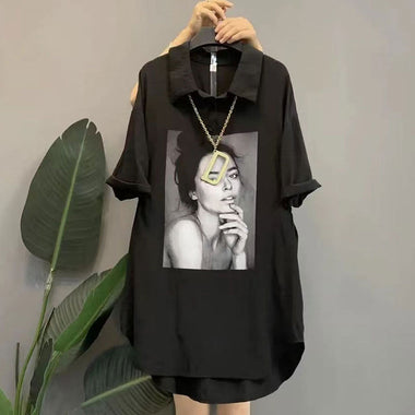 Streetwear Stylish Printed Midi Blouse Summer Commute Short Sleeve Women's Clothing Korean Casual Loose Polo-Neck Button Shirt