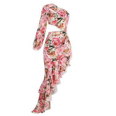 New Pink Flowers Color Women Sexy One Shoulder Bodycon Long Dress Summer Vacation Beach Party Celebrate Dress Wholesale