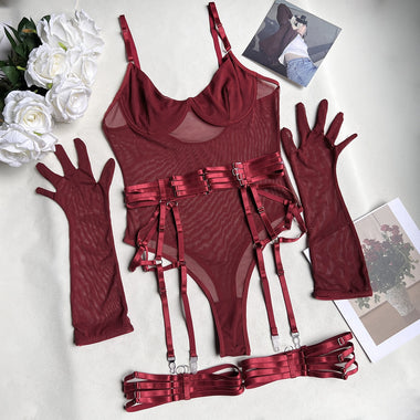 MIRABELLE Tight Fitting Lace Bodysuit See Through Sexy Lingerie Body With Gloves Garter Outfit Sissy Crotchless Mesh Top