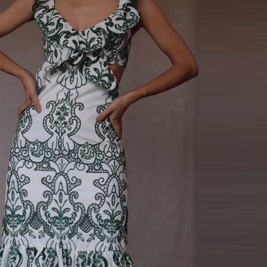 Women Chic Elegant Ruffles Hollow Out Maxi Dress Sexy V Neck Open Back Sleeveless Lace Up Vestido 2023 Summer Lady Fashion Robe