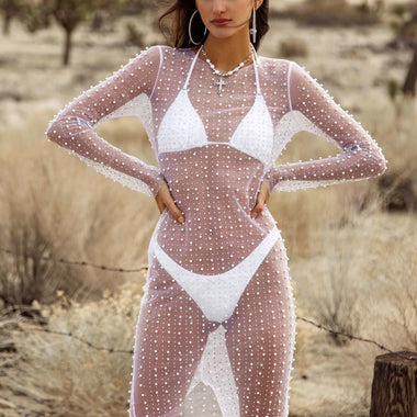 Fashion Sexy Hot Diamond Blouse Mesh Dress Perspective Pin Bead Sundress Wrap Hip Skinny Sheath Long Sleeve Beach Solid Dresses