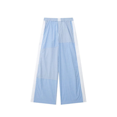 TRAFZA Lazy Wind Fashion Vintage Patchwork Blue Long-Sleeved Striped Shirt Wide Leg Pants Shorts Female