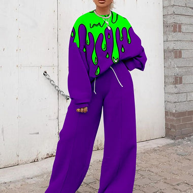 Oversize Tracksuit Women Two Piece Pants Sets Autumn Clothes Cartoon Print Pullover Sweatshirt Wide Leg Pants Suit Woman Outfits