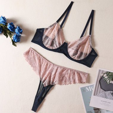 Yimunancy 2-Piece Lace Bra Set Women Contrast Color Transparent Vintage Erotic Set Patchwork Breif Kit