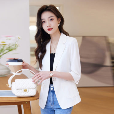 #5262 Summer White Pink Yellow Short Blazer Coat Women Single Button Sexy Thin Office Blazer Female Slim Pockets Korean Style