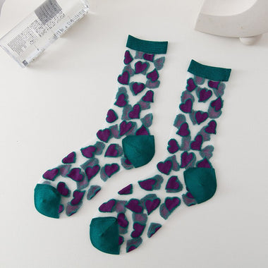 Heart Print Crystal Silk Socks Women Summer Ultra-thin Transparent Elastic Long Socks Casual Fashion Harajuku Kawaii Cute Socks