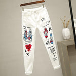 Women White Denim Pants Cartoon Graffiti Flowers Print Stretched Jeans Vintage Slim Body Capris Jeans Fashion party jeans