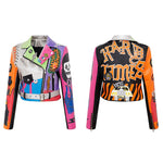 Spring and Autumn Punk High Waist Faux Leather Jacket  Women Graffiti Studded Rivet Fashion Streetwear Short Motorcycle Coat