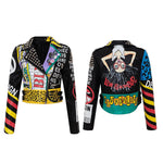Spring and Autumn Punk High Waist Faux Leather Jacket  Women Graffiti Studded Rivet Fashion Streetwear Short Motorcycle Coat