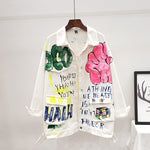 2023 Autumn Streetwear Women White Denim Jacket Fashion Graffiti Print Long Sleeve Jeans Jacket Female Loose Hip Hop Jeans Coat