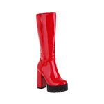 Female Motorcycle Boots Platform Chunky Heel Knee High Med Calf Boots 2021 New Arrivals Platform Chunky Heel Lace Up Red Black