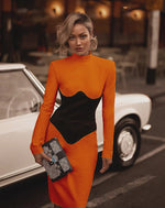 Women O Neck Bandage Dress  New Summer Sexy Long Sleeve Fashion Stitching Tight Patchwork Club Female Party Midi Vestidos