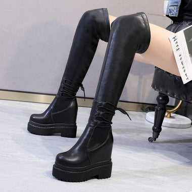Winter New Slim Height Increasing Platform Plush Inside Cross-tied Genuine Leather Women Over-the-Knee Long Modern Boots 1028