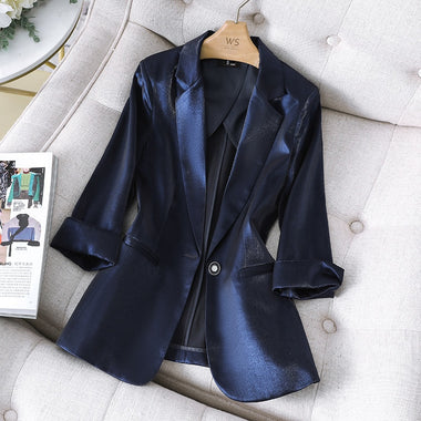 Women Satin Silk Blazers 2023 Autumn Solid Color Notched Collar Single Button Blazer Ladies OL Elegant Slim Glossy Suit Coat