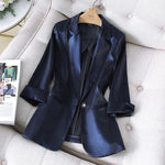 Women Satin Silk Blazers 2023 Autumn Solid Color Notched Collar Single Button Blazer Ladies OL Elegant Slim Glossy Suit Coat